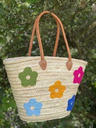 Panier en paille fleurs multicolores