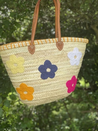 Panier en paille fleurs multicolores