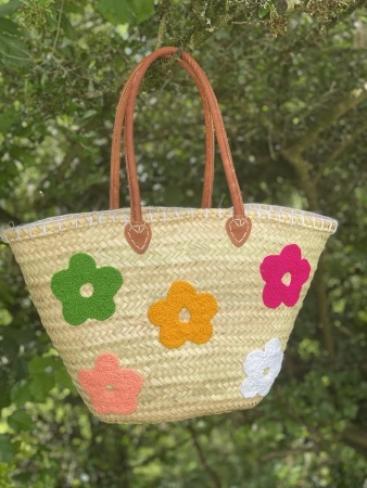 Panier en paille fleurs multicolores